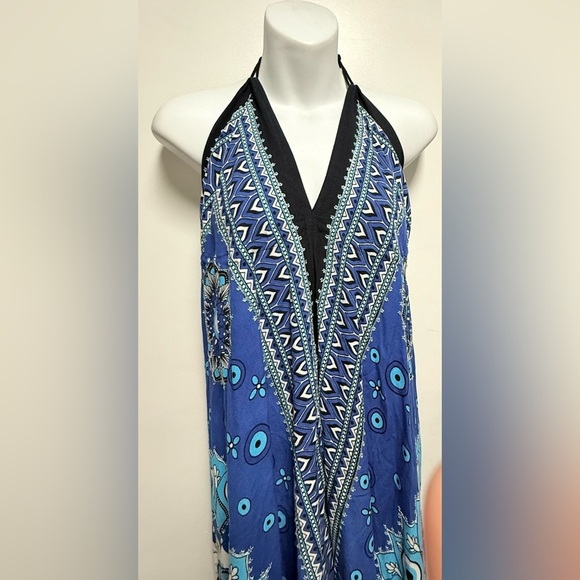 Blue Halter Maxi Dress with Pattern beach cover up - Picture 2 of 7